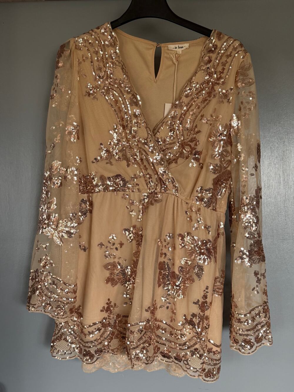 Embroidered Sequin Beige Romper with Sheer Sleeves